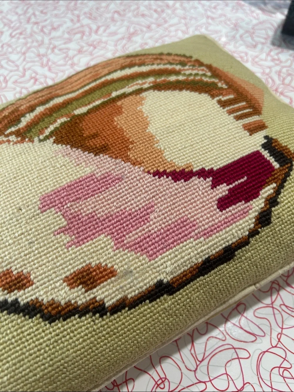 Coastal Needlepoint Seashell Throw Pillow in Beige, Pink & Brown